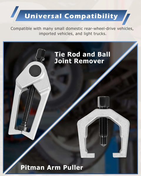 Close-up of 5pcs Professional Front End Service Tool Kit including Pitman Arm Puller and Tie Rod Ball Joint Separator in use