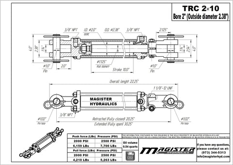 Technical drawing of Workhorse Double Acting Tie Rod Hydraulic Cylinder For Agriculture, 2 Inch Bore 10 Inch Stroke, 2500 PSI