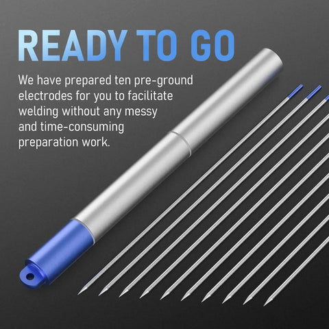 Pre-Sharpened 2% Lanthanated TIG Tungsten Electrodes 3 32nd Inch Blue WL20 EWLa-2 10 Pack with no-fuss starts displayed
