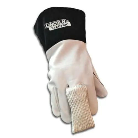 White glove with attached Pocket Size TIG Finger Heat Shield For Welding That Keeps Your Fingers Safe From Burns by Weldmonger.