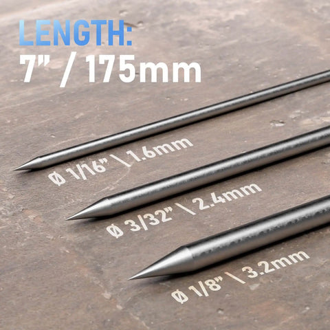 Pre-Sharpened 2% Lanthanated TIG Tungsten Electrodes 3 32nd Inch Blue WL20 EWLa-2 10 Pack length comparison on wood surface