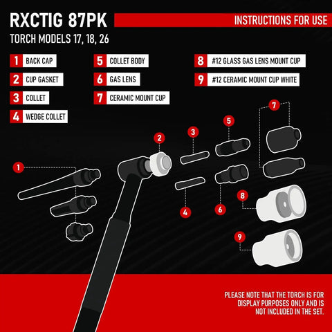 Diagram of components in the 87-Piece TIG Welding Accessories Torch Kit With Stubby Gas Lens And 12 Cups For WP-17, WP-18 And WP-26.