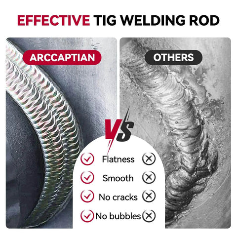 Comparison of welds using different TIG rods; left shows smooth, flat, and crack-free welds with Arccaptian, right shows rough welds