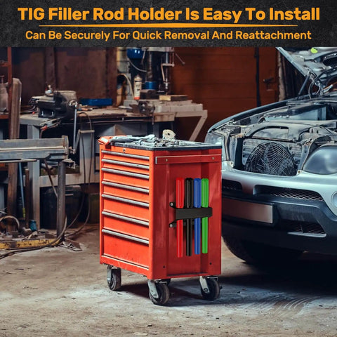 4 Slot TIG Welding Rod Holder Storage Rack mounted on red mobile tool cart in garage with visible car and welding tools