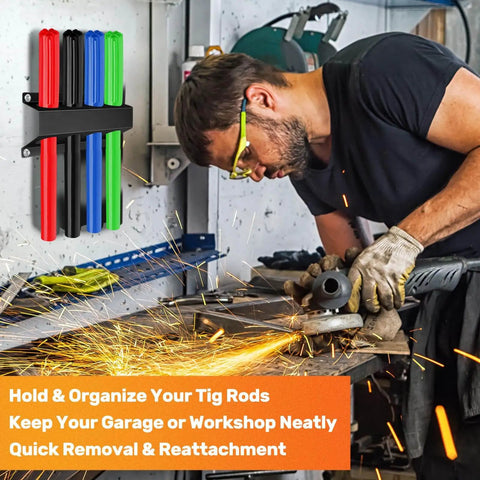 4 Slot TIG Welding Rod Holder Storage Rack on workshop wall with colorful rods, welder using grinder nearby