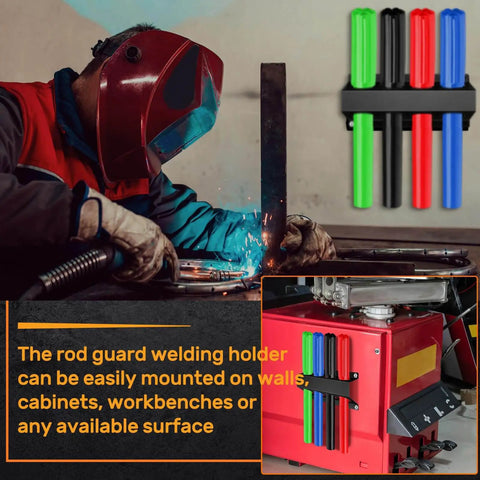 4 Slot TIG Welding Rod Holder Storage Rack mounted on cabinet with colorful rods, welder working, showcasing accessibility and organization