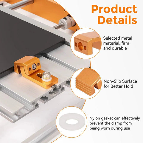 Tiger Claw Aluminum CNC Clamp For 3018 Pro Max And 3018 Pro Ultra Routers with serrated grip and low-profile side clamps.