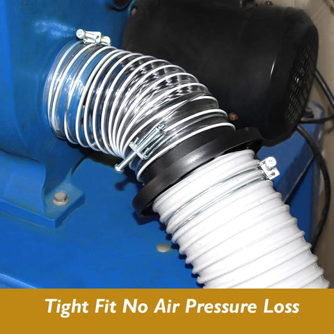 O'SKOOL 4" port magnetic dust collector hose fitting on blue machinery, metal flex duct and white corrugated hose