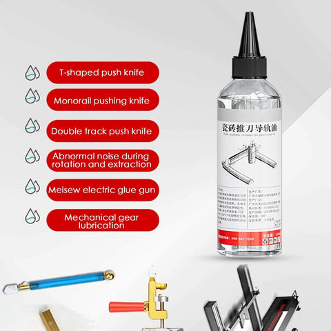 Tile Pusher Guide Oil For Cutter Machines, Rust Prevention Lubricant For Rail Cutting Gear And Shafts bottle with illustrations.