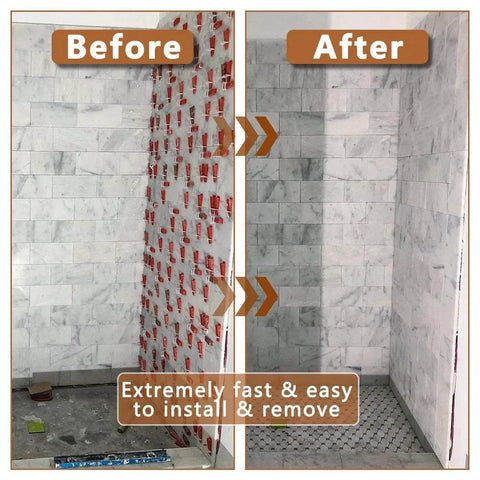 Before and after image showing 2000 piece tile leveling system clips for professional ceramic tile and stone installation in shower wall