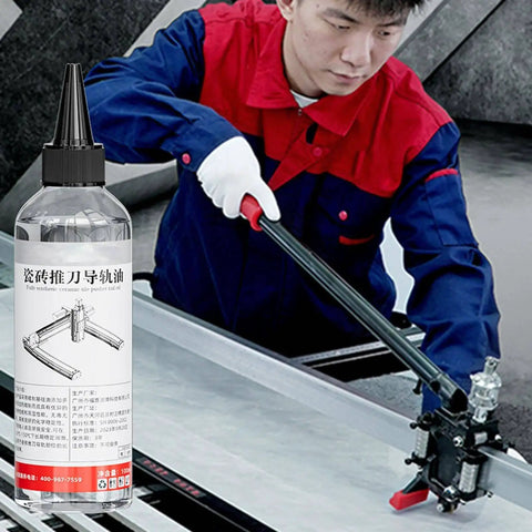 Worker using Tile Pusher Guide Oil For Cutter Machines with ceramic tile rail cutter for mechanical gear lubrication.