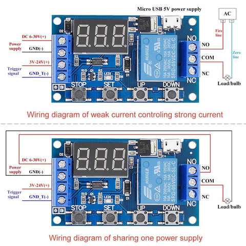 Two Pack DC 6 To 30V Timer Relay Module With Programmable Delay, Cycle Timer, LED Display, 5V Micro USB Power, wiring diagram view