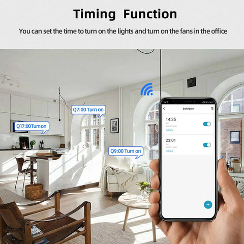 Otcboimo WiFi actuator controller with Tuya relay; smartphone shows light scheduling in a bright living room