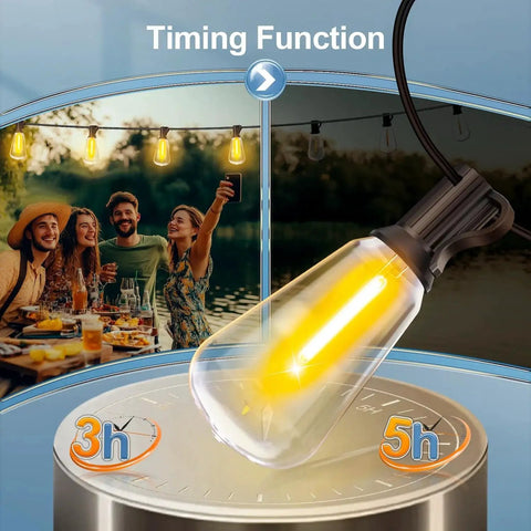 Brighten patios and yards with 100 ft weatherproof LED string lights, 37 ST38 bulbs, a warm 2700K glow, remote dimming, and a connectable design