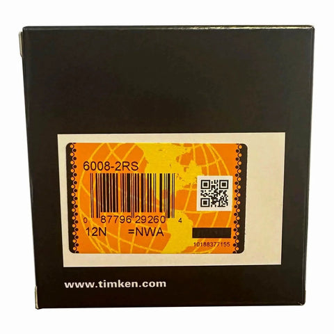 Timken 6008-2RS Double Rubber Seal Bearings 40x68x15mm Two Pack product box with barcode and QR code