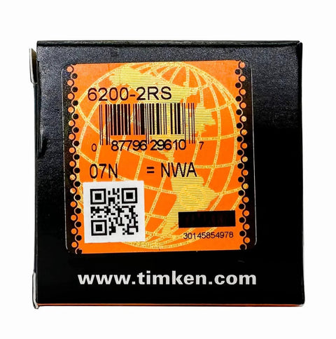 Timken 6200 2RS Double Rubber Seal Ball Bearings 10x30x9mm Pack Of 2 box showing barcode and QR code on a black background.