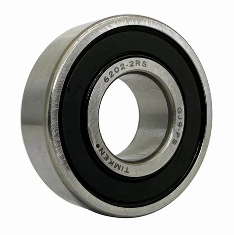 Close-up view of Timken 6202-2RS Double Seal Ball Bearing 15x35x11mm, showing double rubber seal and metal finish.