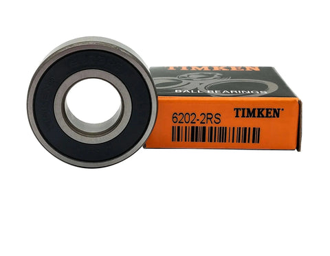 Timken 6202-2RS Double Seal Ball Bearings 15x35x11mm 2 Pack Pre-Lubricated, shown with packaging