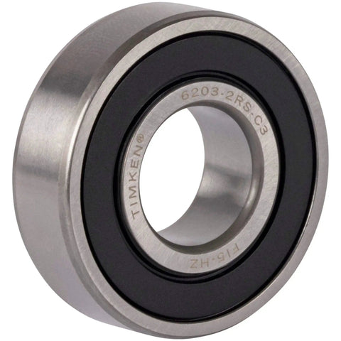 Close-up of Timken 6203-2RS Deep Groove Ball Bearing 17x40x12mm high precision sealed for radial loads.
