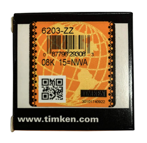Packaging of 2PCS TIMKEN 6203-ZZ Double Metal Seal Bearings 17x40x12mm with barcode and QR code label