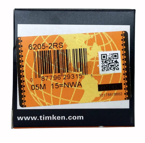 Box of Timken 6205-2RS Double Rubber Seal Ball Bearing 25x52x15mm showing product label and barcode.