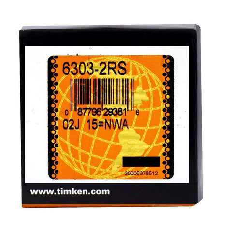 Product packaging of 2PACK TIMKEN 6303-2RS Double Rubber Seal Bearings, featuring a barcode and globe design.