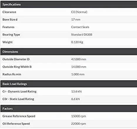 Specifications and dimensions chart for 2PACK TIMKEN 6303-2RS Double Rubber Seal Bearings, showing size, load ratings, and speed factors.