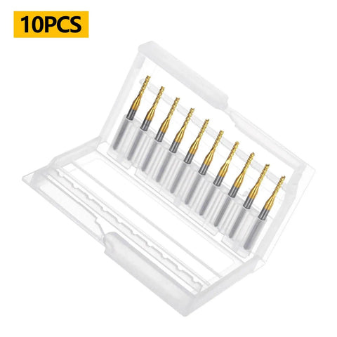 Ten Piece TiN Coated Solid Carbide End Mills For PCB Engraving And CNC Router Milling in a plastic case
