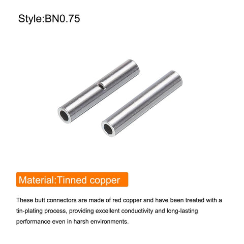 100 Pcs Non Insulated Butt Connectors 22 To 18 AWG Wire Connectors BN0.75 Bulk Pack Pro Grade Easy Crimp Ferrule Terminals