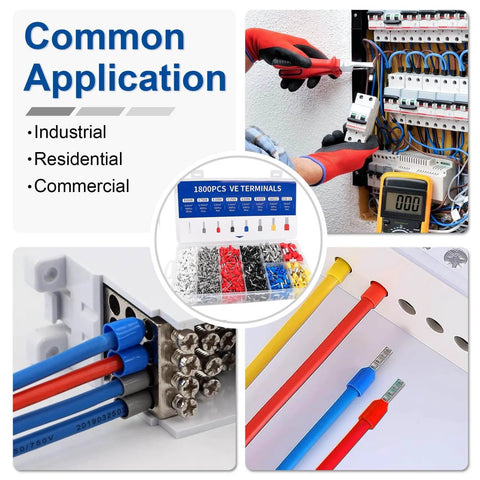 Collage of the 1800-Piece Tinned Copper Crimp Connectors Kit With Insulated Ferrules In AWG 22 To 8 used in electrical setup.