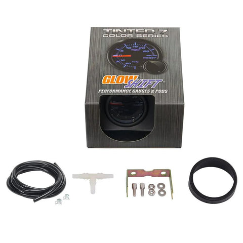 GlowShift 2-1/16 inch 52mm Turbo Boost/Vacuum Gauge Kit with black dial and smoked lens; includes hose and T-fitting