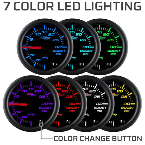 GlowShift 2-1/16 in (52mm) Boost/Vacuum gauge kit with 7-color LED, smoked lens, black dial; hose, T-fitting and wiring
