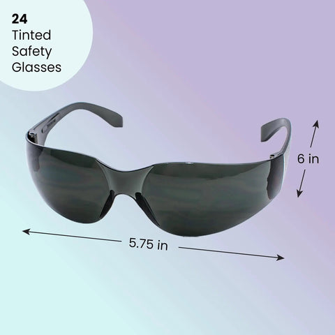Tinted Safety Glasses For Men And Women 24 Pack ANSI Z87 Plus UV Protection, black wrap-around frames, dimensions shown