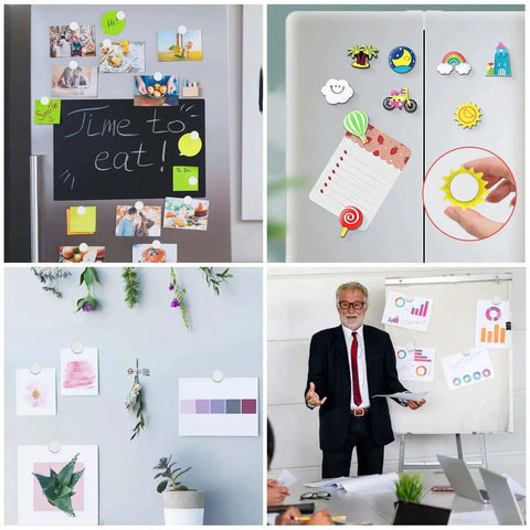Various uses of 50 Pack Tiny Round Refrigerator Magnets 10x3mm for whiteboards, craft projects, and office organization in home and office settings.