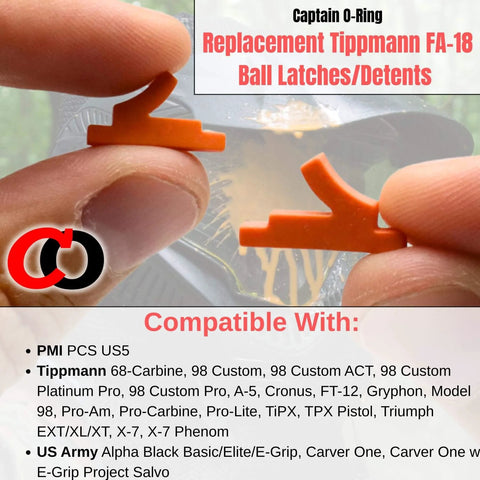 Close-up of Replacement Ball Detent Latch for Tippmann 98 Custom A5 X7 Markers FA 18 showing orange rubber piece.