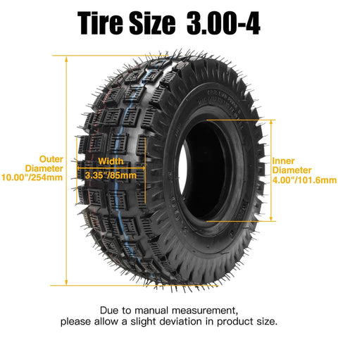 3.00-4 knobby tread tire with dimensions including outer diameter, width, and inner diameter, for scooters and mini bikes.