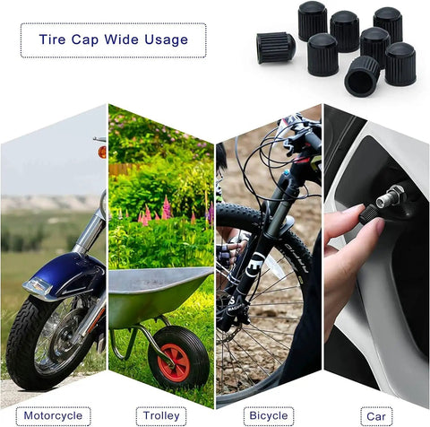 Image showing wide usage of tire caps on motorcycle, trolley, bicycle, and car, with examples of tire cap installation.