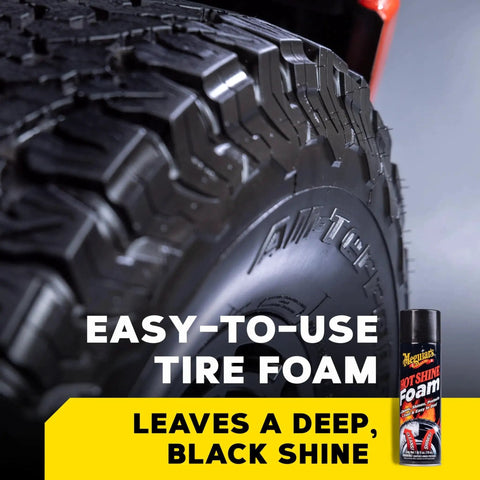 Close-up of a tire with Hot Shine Tire Foam High Gloss Tire Shine That Cleans Shines And Protects In One Easy Spray Step beside it.