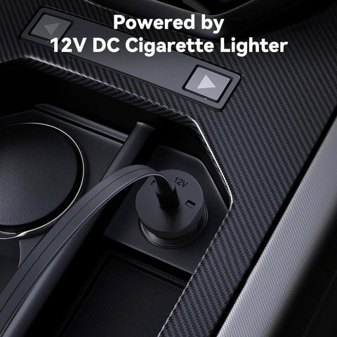 12V DC port in car interior powering 150 PSI Tire Inflator Portable Air Compressor, 12V DC Auto Shutoff Air Pump.