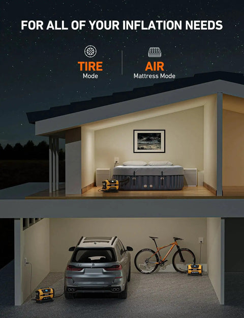 Portable Tire Inflator With Dual Power Motors And Bright LED Light 150 PSI 12V DC Or 110V AC in home and garage setup