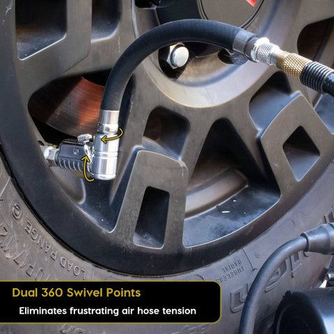 The image shows a Lightning L2X Quick Connect Locking Tire Inflator Air Chuck Extension with 90-degree open flow adapter attached to a tire.