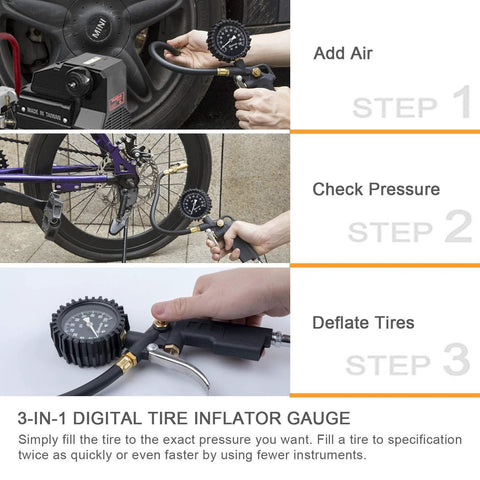 AstroAI 3-in-1 digital tire inflator gauge with large 2.5-inch glow dial and heavy-duty air chuck