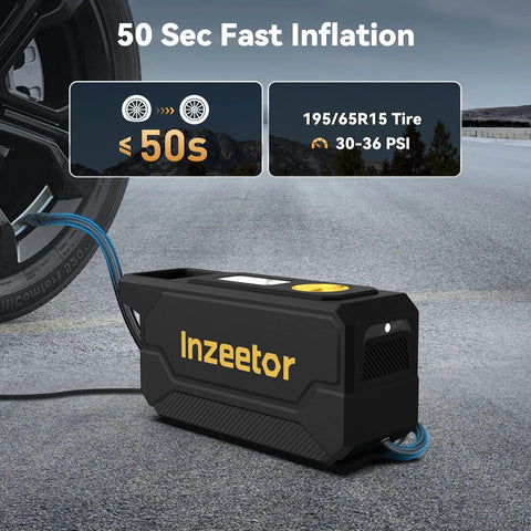 150 PSI Tire Inflator Portable Air Compressor near car tire, showcasing digital display and fast inflation capability