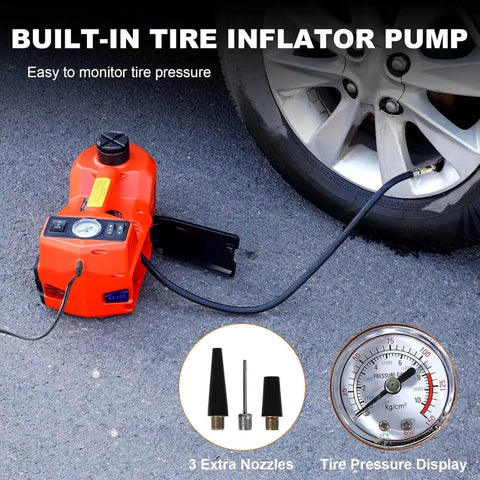 5 In 1 Electric Hydraulic Car Jack Kit With 12V Floor Jack Impact Wrench Tire Inflator Pump And LED Light For SUV And Sedan Tire Change Lifting Height 6 To 17.7 Inches Portable Hydraulic Car Jack with built-in tire inflator pump in use.