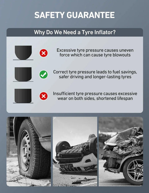 Safety infographic on the importance of correct tire pressure with images of tire, rollover accident, and collision.