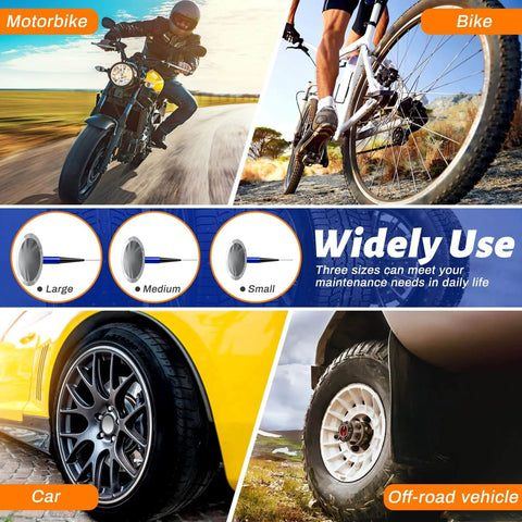 48 Piece Tire Patch Kit With Mixed Size Patches And Mushroom Plugs For Cars Motorcycles Trucks And Buses shown in use on various vehicles