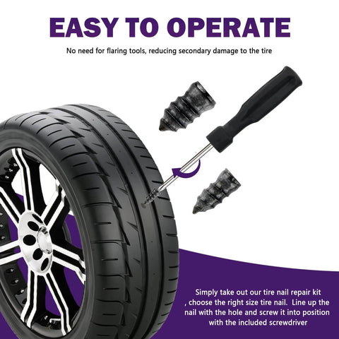 100PCS Car Tire Plug Kit with screwdriver and rubber nails, shown repairing a tire without extra tools.