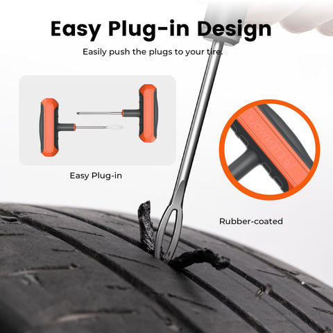 Flat Tire Repair Kit With Plugs 16 Pcs Heavy Duty Tire Plug Kit showing easy plug-in design with T-handle tools.