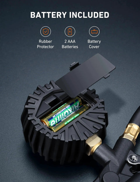 Battery compartment of Digital Tire Pressure Gauge With Inflator 3 to 250 PSI Air Chuck And Quick Connect Coupler Heavy Duty