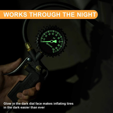 AstroAI tire pressure gauge with inflator, 2.5-inch glow dial up to 100 PSI, with heavy-duty air chuck
